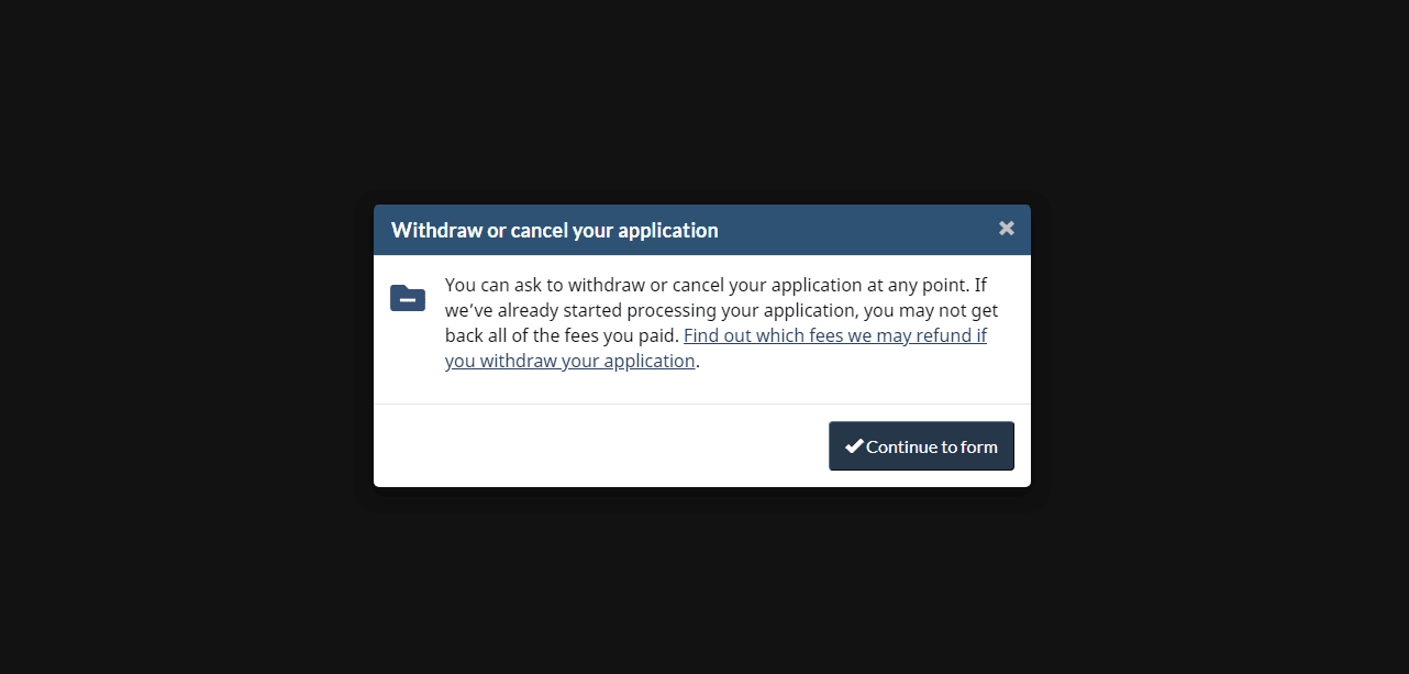 Screenshot of Canada visa withdrawal terms and conditions popup notifications
