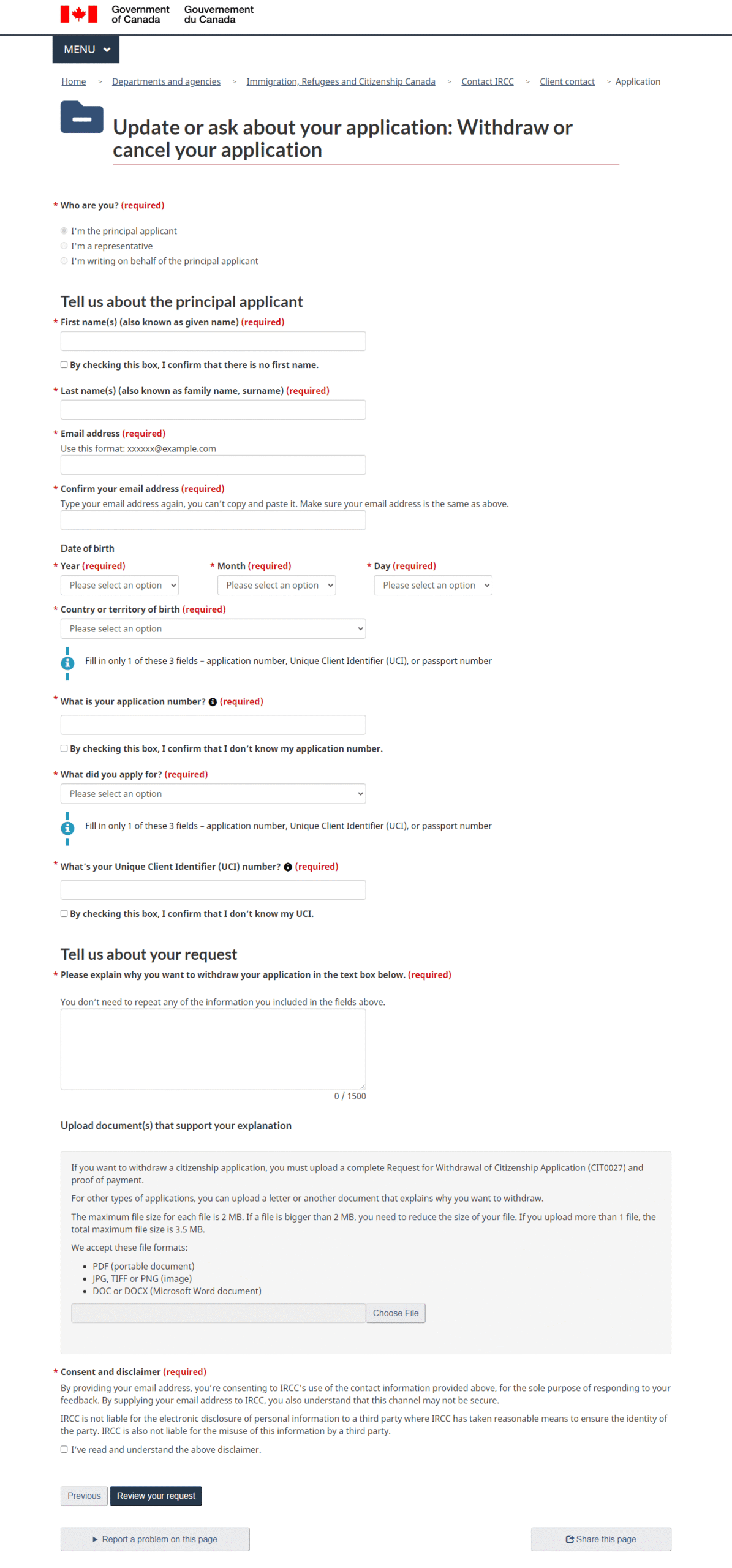 A screenshot of complete Canada visa withdrawal form