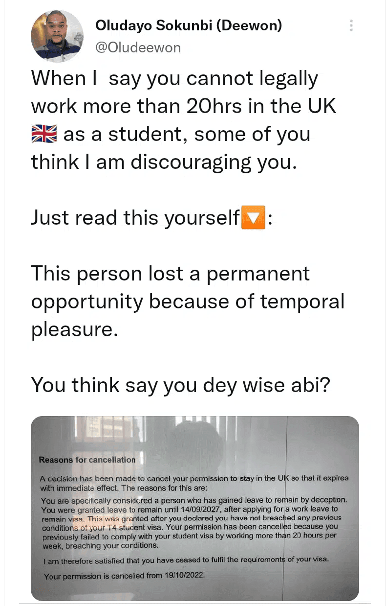 This is a screenshot of a tweet where someone was talking about a student who was deported for working more than 20 hours